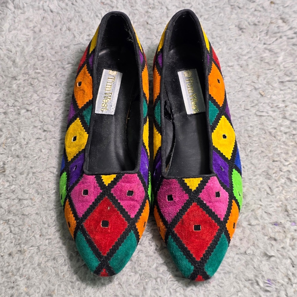 VTG Tim West Flats Multicolor Harlequin Patchwork Suede Pointed Toe Women 7
